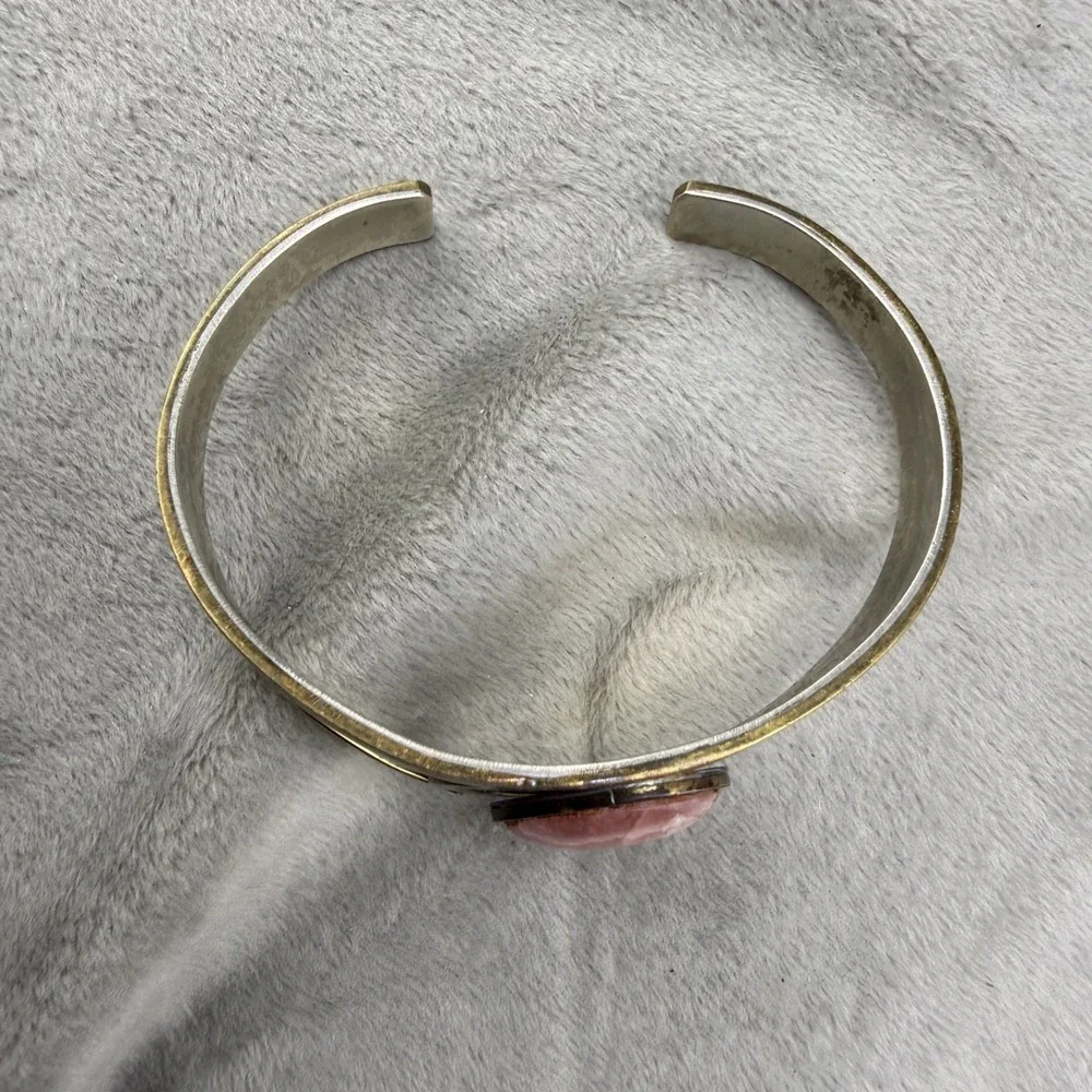Vintage Statement Cuff Polished‎ Stone Silver and Gold Tone 6.5